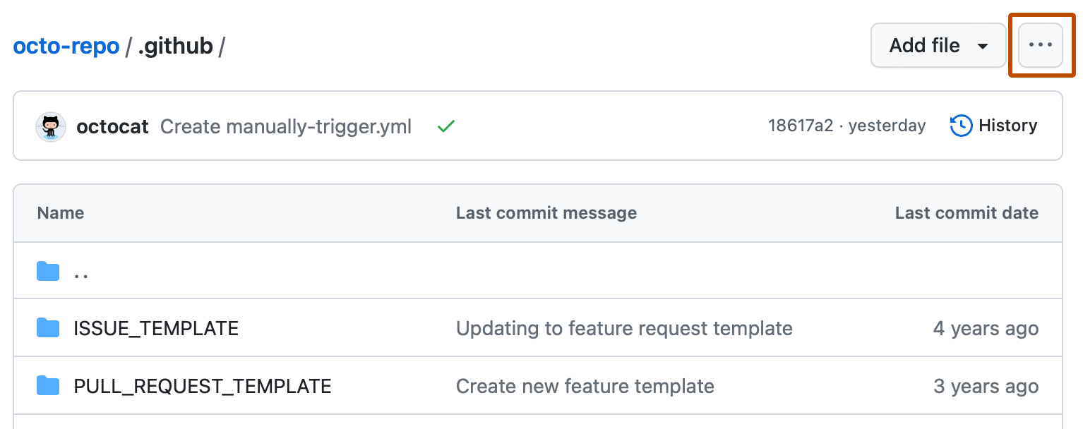 目录的文件列表的屏幕截图。 在目录名称的右侧,一个标有“更多”图标的按钮以深橙色框出。