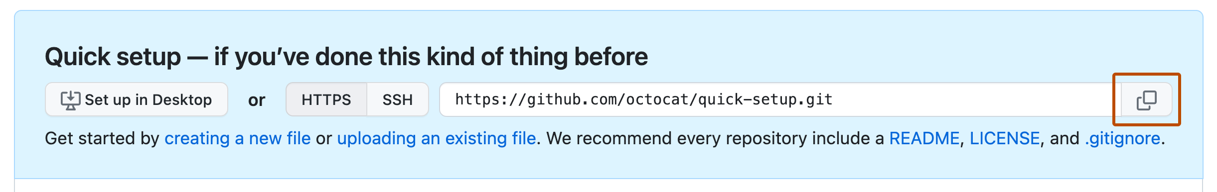 存储库中“快速设置”标头的屏幕截图。 在远程 URL旁边,两个重叠正方形的图以橙色轮廓突出显示。