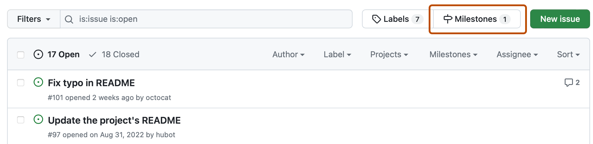 存储库问题列表的屏幕截图。 在列表上方,一个标有路标图标和“里程碑”的按钮以深橙色突出显示。