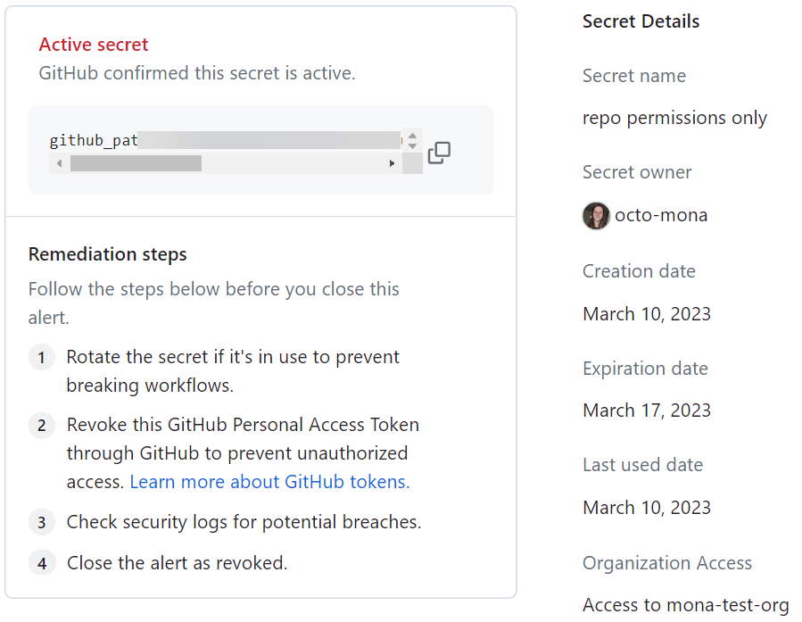 GitHub 令牌的 UI 的屏幕截图,其中显示了令牌元数据。