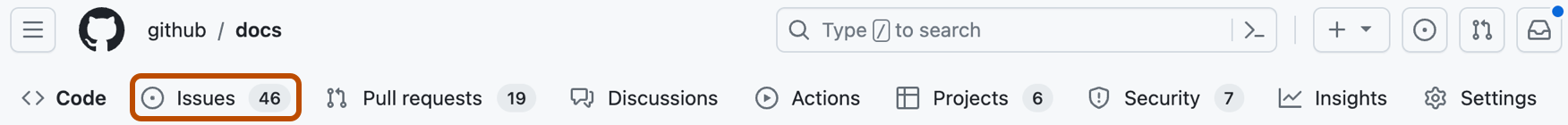存储库的主页的屏幕截图。 在水平导航栏中,标记有“问题”的选项卡以深橙色标出。