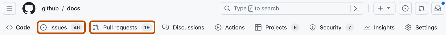 存储库的主页的屏幕截图。 在水平导航栏中,标记为“问题”和“拉取请求”的两个选项卡均以深橙色标出。