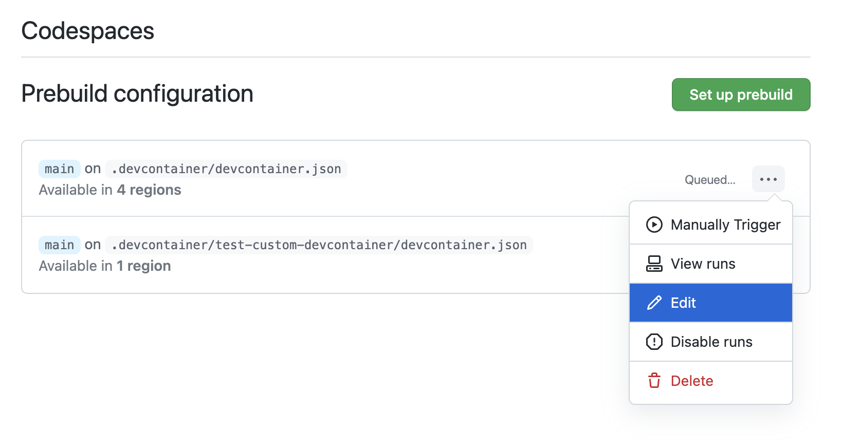 预生成选项下拉列表的屏幕截图,其中突出显示了“编辑”。