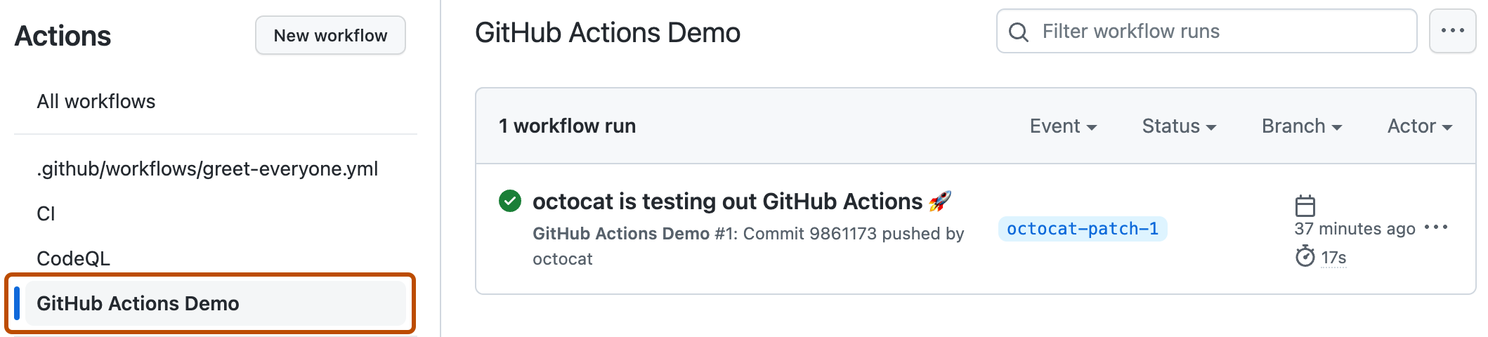 “操作”页的屏幕截图。 在左侧边栏中,工作流名称用深橙色边框突出显示。