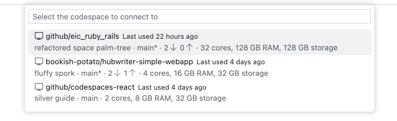 VS Code 命令面板的屏幕截图,其中显示了可用于连接的代码空间列表。