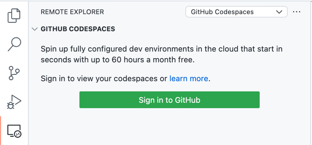 “GitHub Codespaces”的“远程资源管理器”边栏的屏幕截图,其中显示了“登录到 GitHub”按钮。