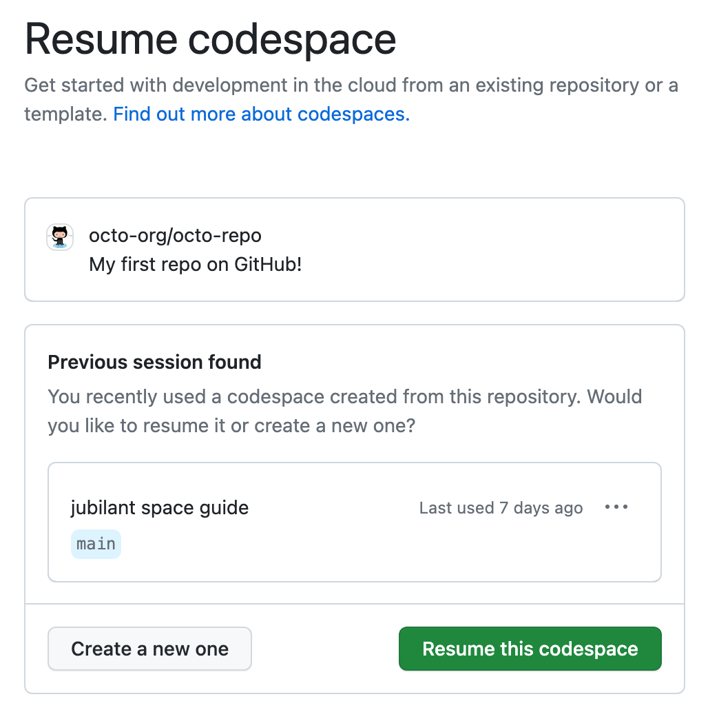 “恢复 codespace”页的屏幕截图,其中显示了“恢复此 codespace”和“新建 codespace”按钮。