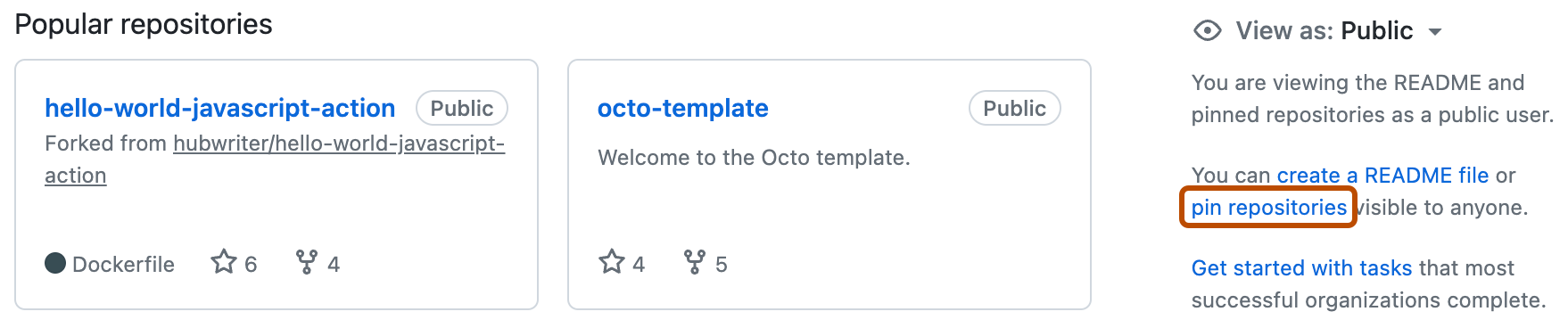 组织的配置文件页的屏幕截图。 在右侧边栏中,一个标记为“固定存储库”的链接用深橙色框出。