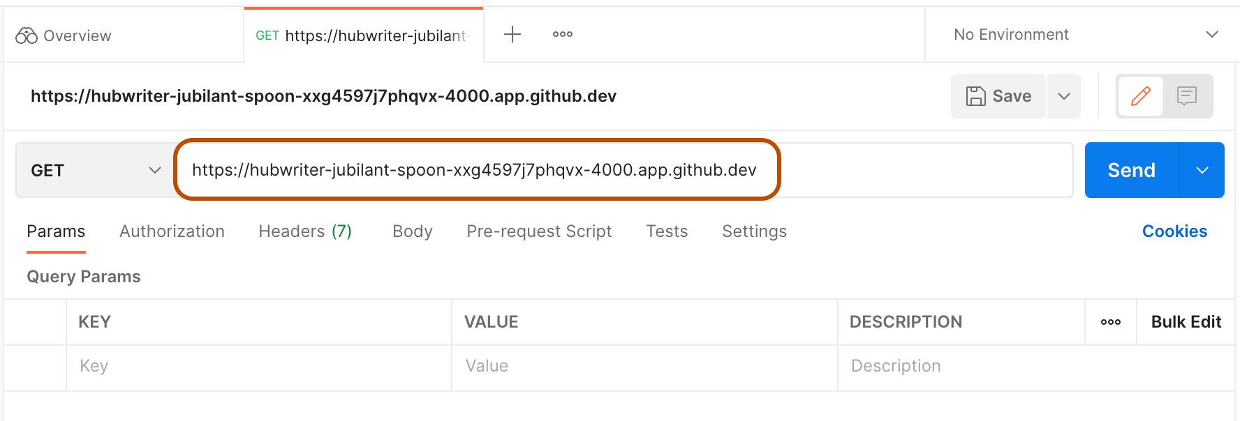 转发端口的 URL 的屏幕截图,该 URL 作为 GET 请求 URL 粘贴到 Postman 中。 突出显示 URL。