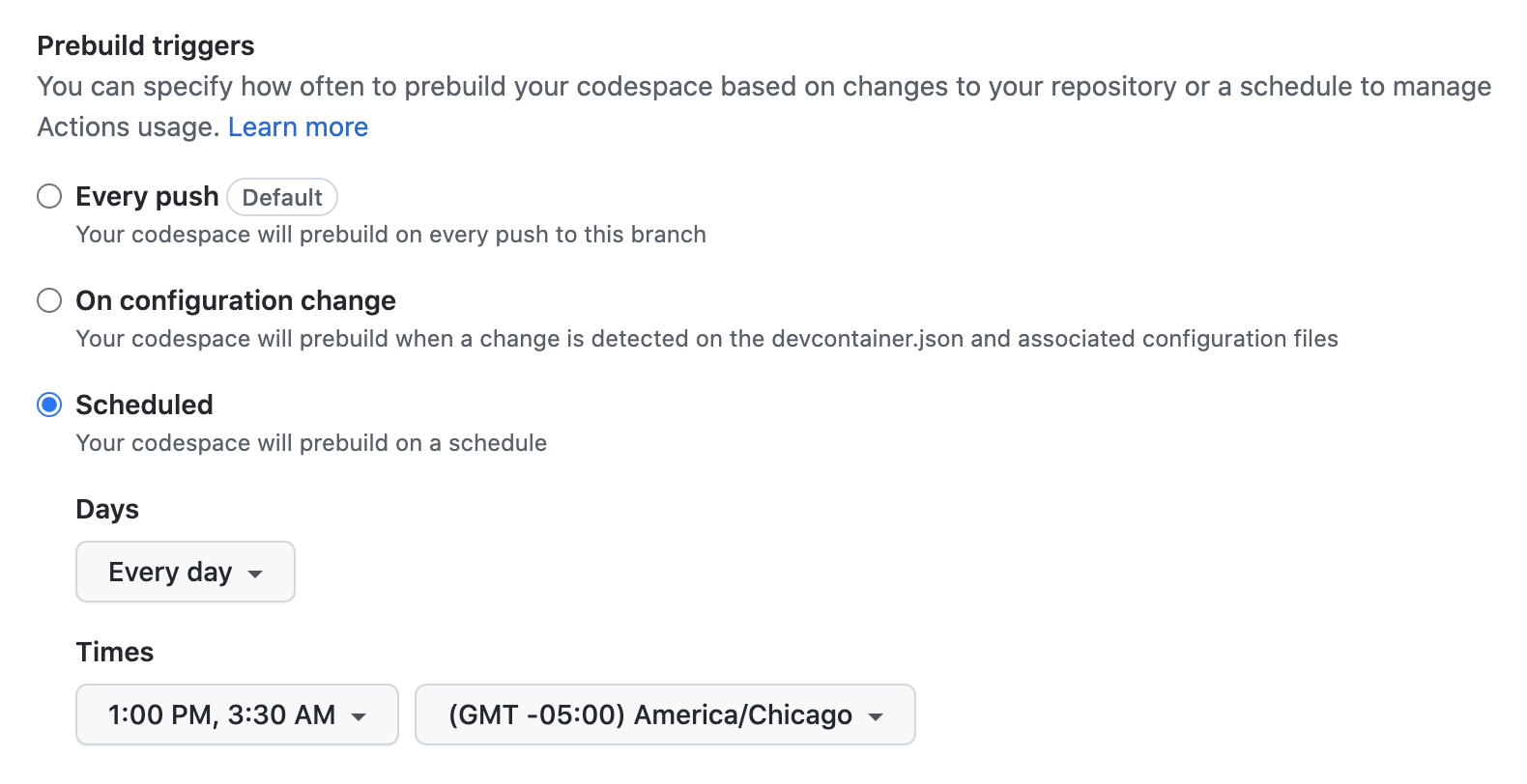 “预生成触发器”设置的屏幕截图。 选择“计划”选项,并将其设置为“每天”“下午 1 点”和“下午 3:30”。