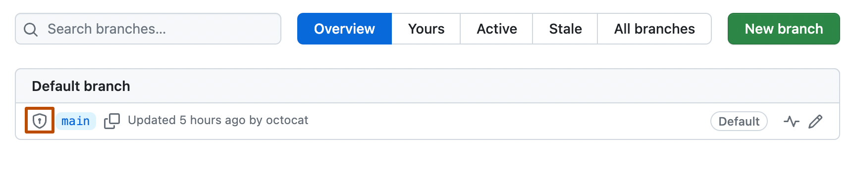 存储库中分支列表的屏幕截图。 在“main”分支旁边,带有钥匙孔的盾牌图标以橙色轮廓突出显示。