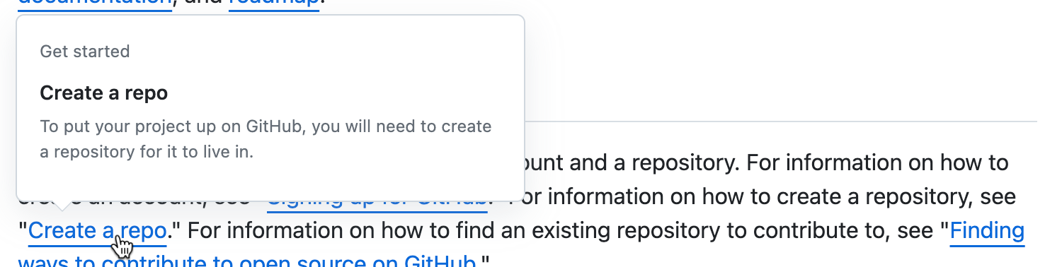 GitHub Docs 上的文章的屏幕截图。 光标悬停在标题为“创建存储库”的文章的链接上,悬停卡片显示文章的位置、标题和简介。