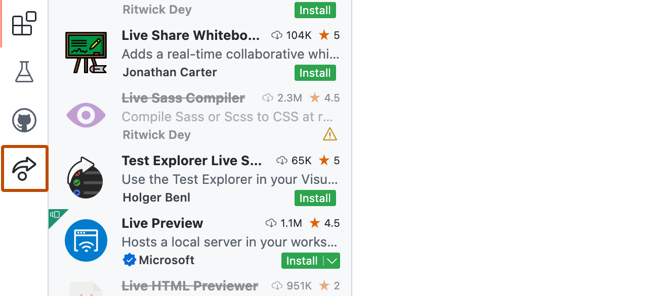 活动栏的屏幕截图。 以深橙色边框突出显示了“Live Share”图标(圆圈上方有一个箭头)。