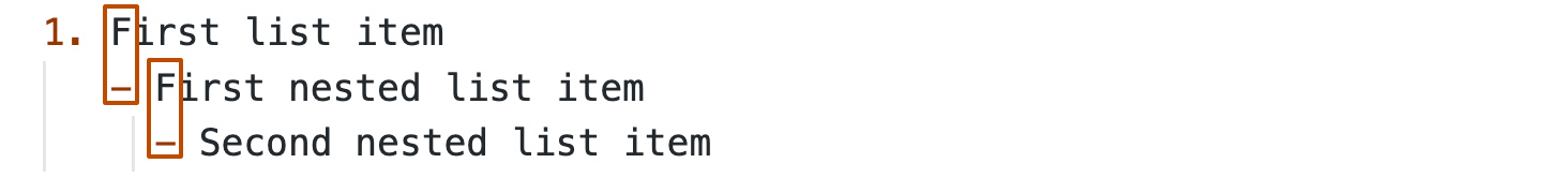 Visual Studio Code 中的 Markdown 的屏幕截图,其中显示了缩进项目符号如何与其上方文本行的第一个字母垂直对齐。