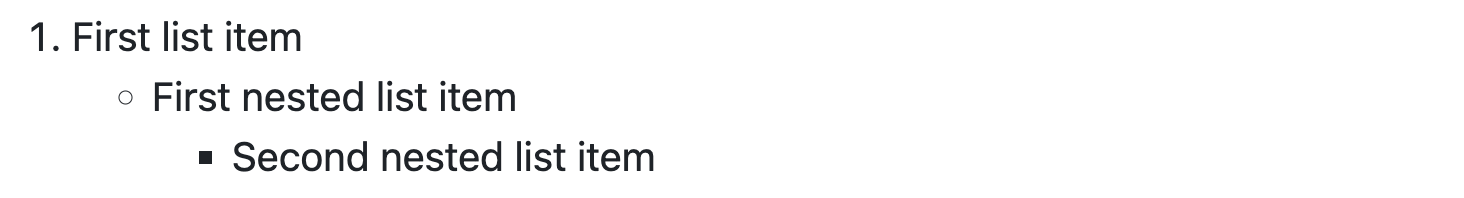 呈现的 GitHub Markdown 的屏幕截图,其中显示了一个编号项,后跟一个向右嵌套一级的项目符号项,另一个项目符号项嵌套在更右侧。