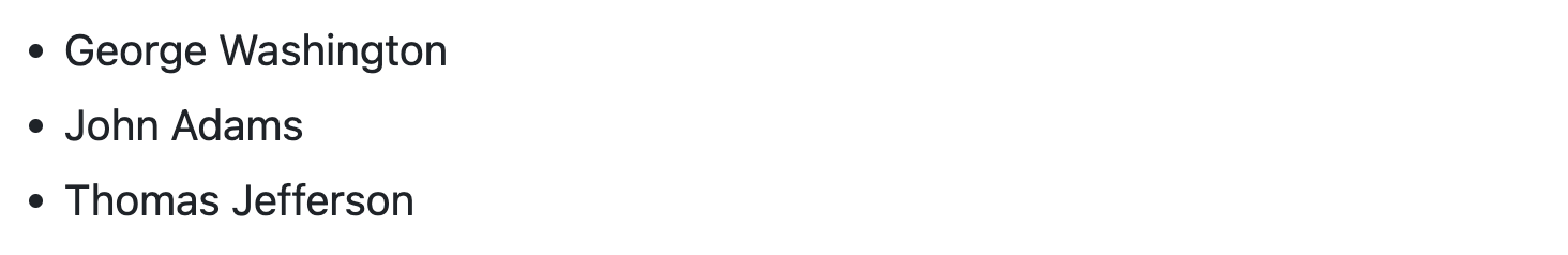 呈现的 GitHub Markdown 的屏幕截图,其中显示了前三位美国总统姓名的项目符号列表。