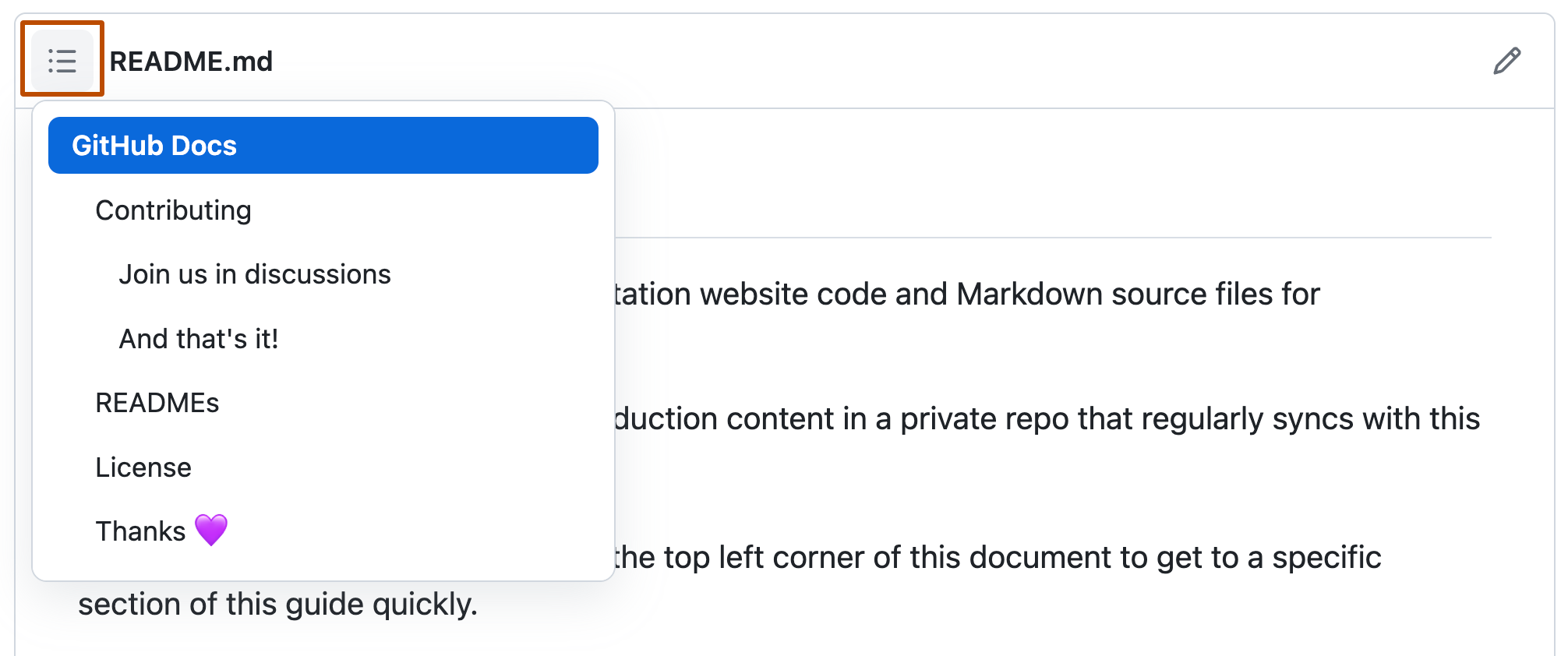 GitHub Docs 开放源代码存储库中自述文件的屏幕截图,其中显示了公开的目录的下拉菜单。 目录图标以深橙色框出。