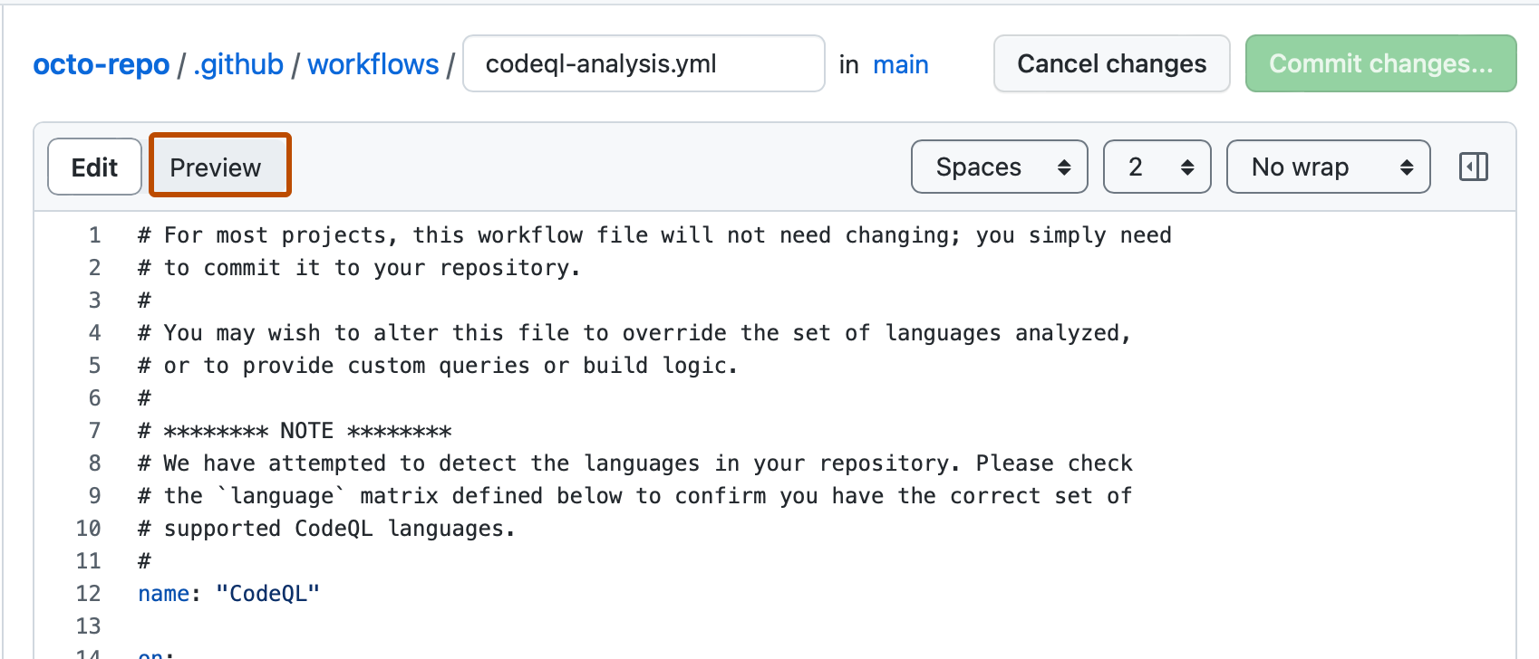 处于编辑模式的文件的屏幕截图。 在用于编辑文件内容的文本框上方,标记为“预览”的选项卡以深橙色轮廓显示。