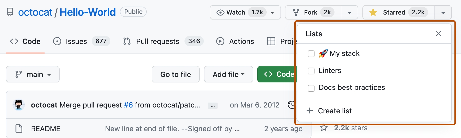 存储库页面的屏幕截图。 “星标”下拉菜单已展开,列表选项以深橙色边框突出显示。